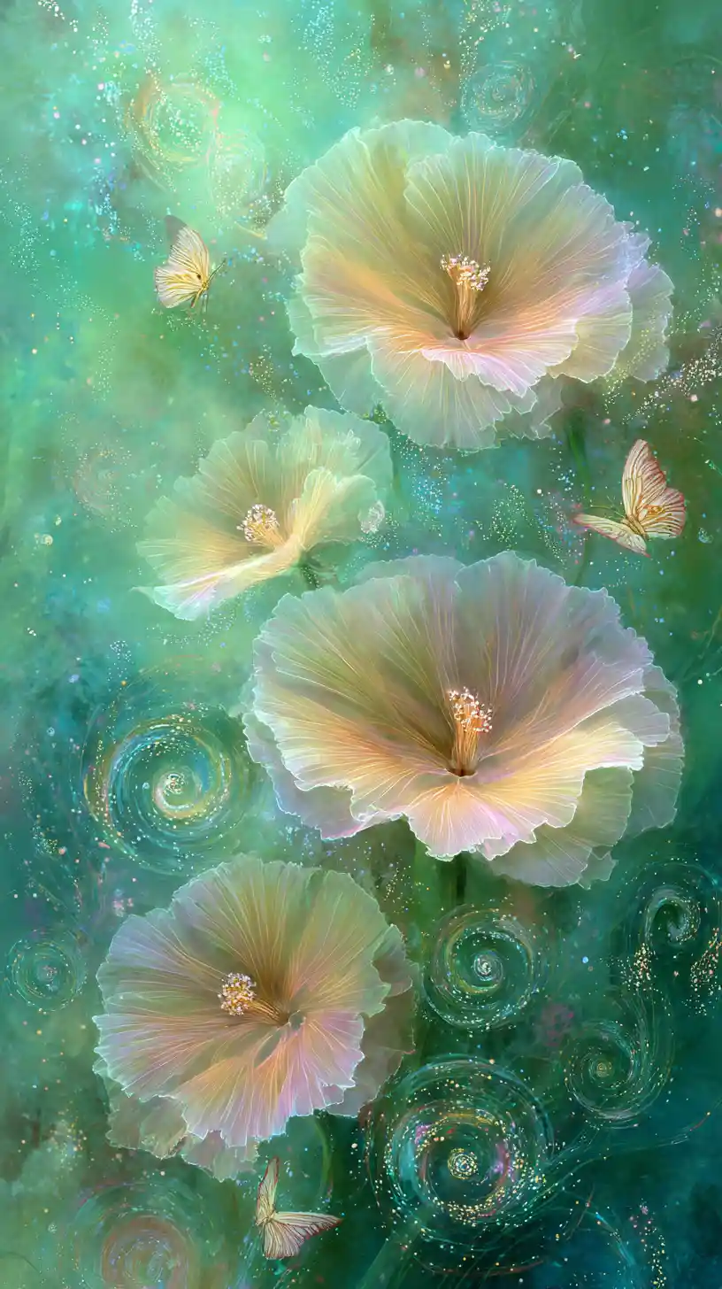 Flores transparentes delicadas com borboletas em fundo verde suave