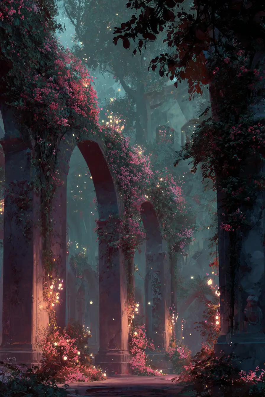 Abandoned city park overgrown with magical sentient vines