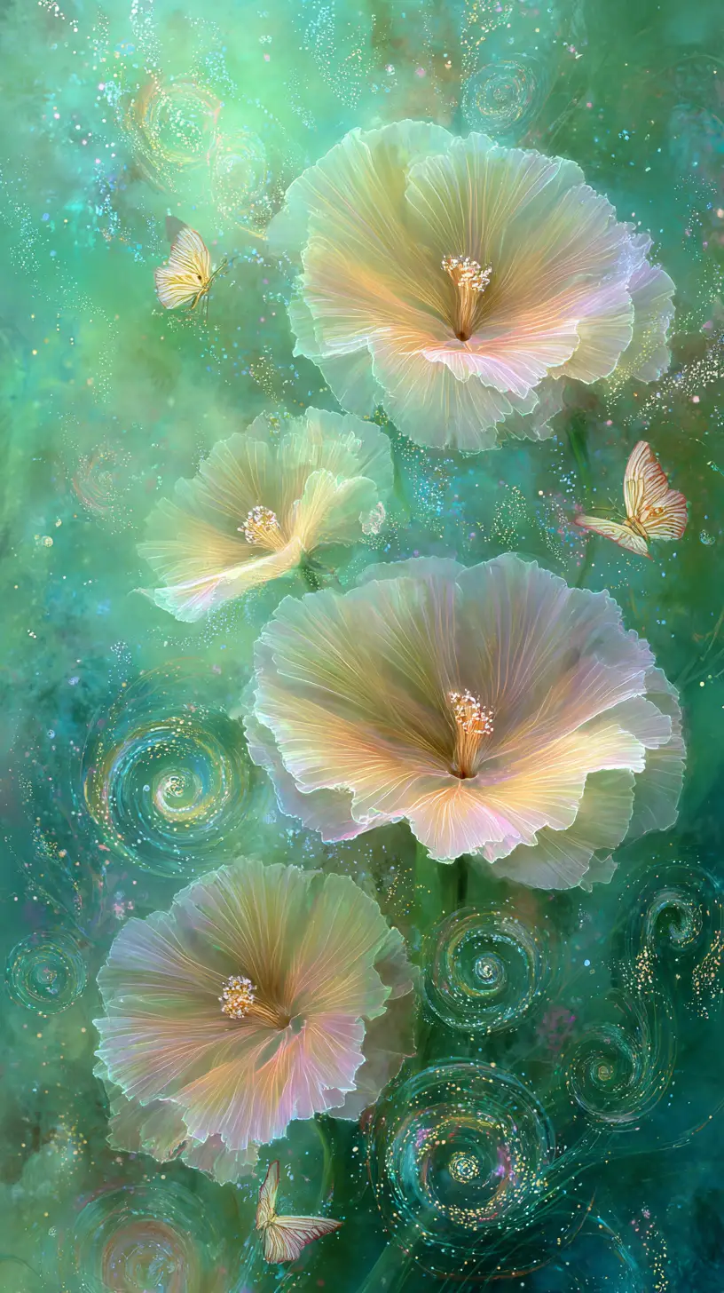 Delicate transparent flowers with butterflies on soft green background