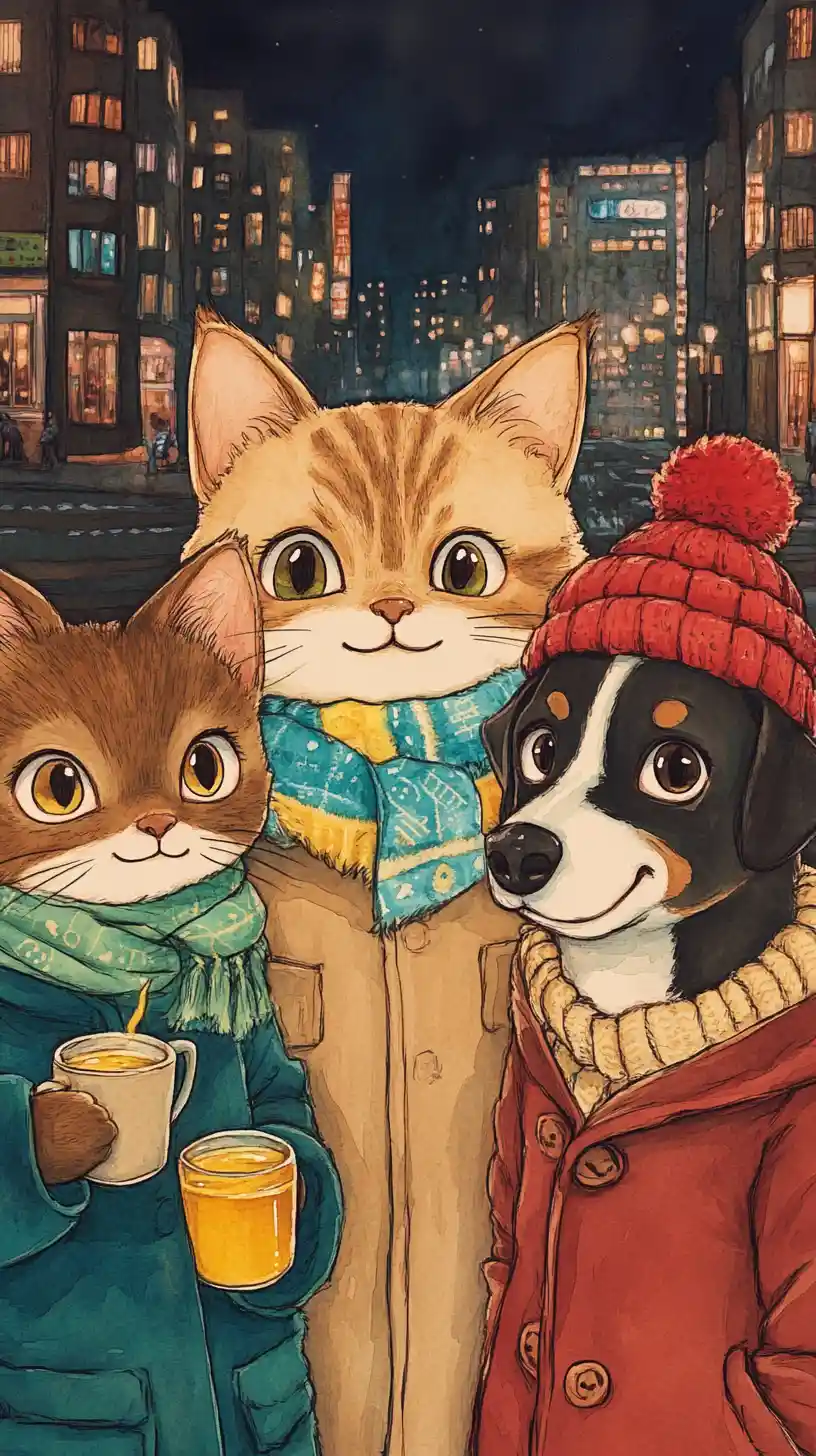 Watercolor cats and dog friends on a cozy city night