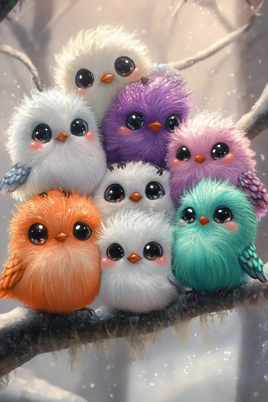 Colorful Cartoon Birds Huddled Together On A Tree Branch