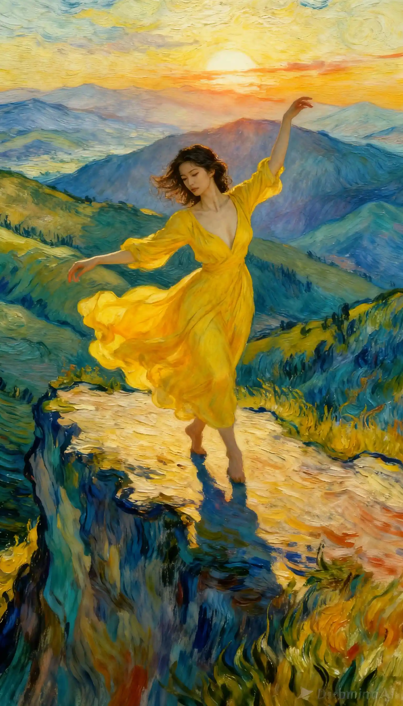 Woman Dancing On Cliff In Flowing Yellow Dress At Sunrise