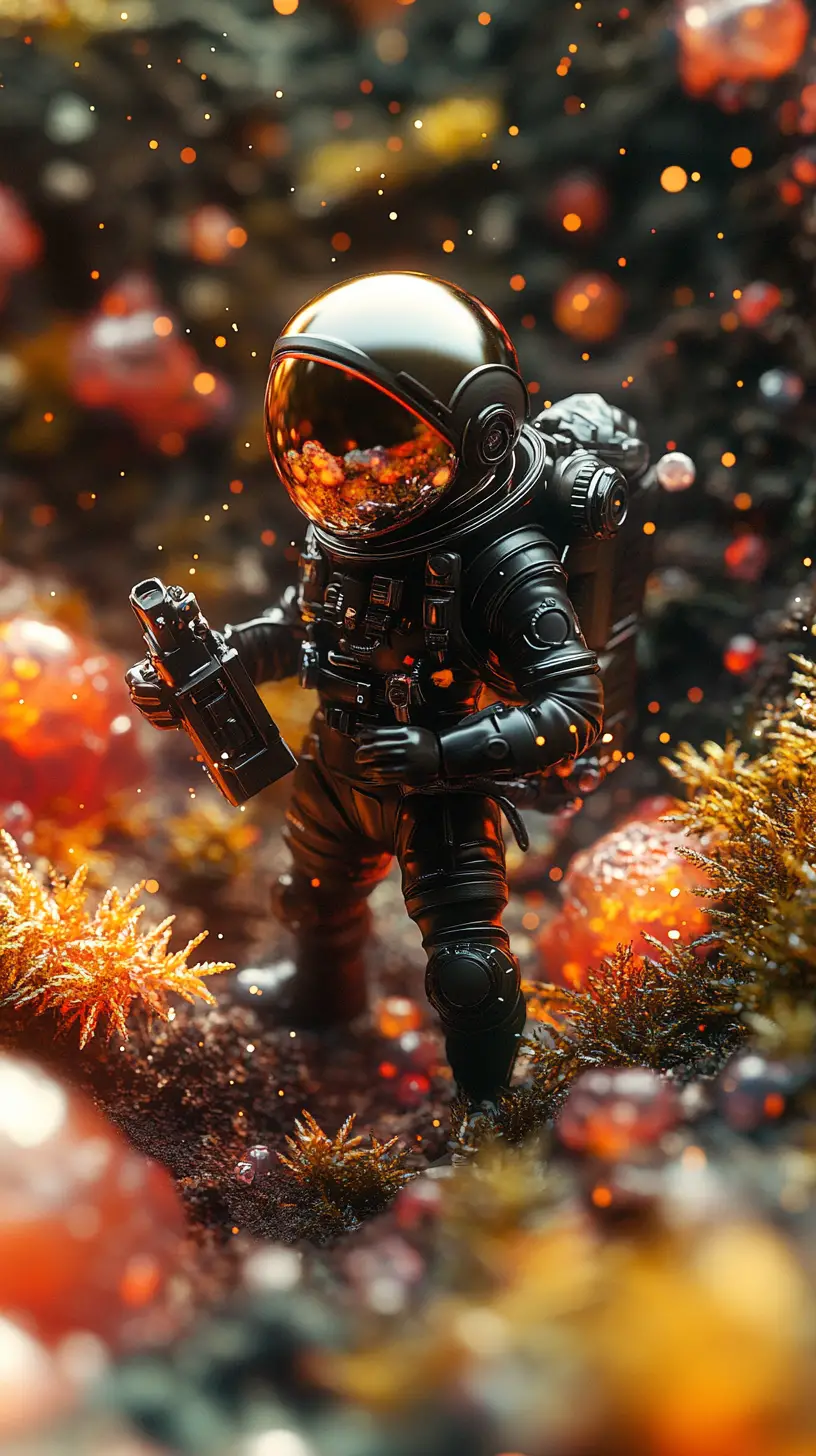 Vinyl space explorer toy on glowing alien crystal planet