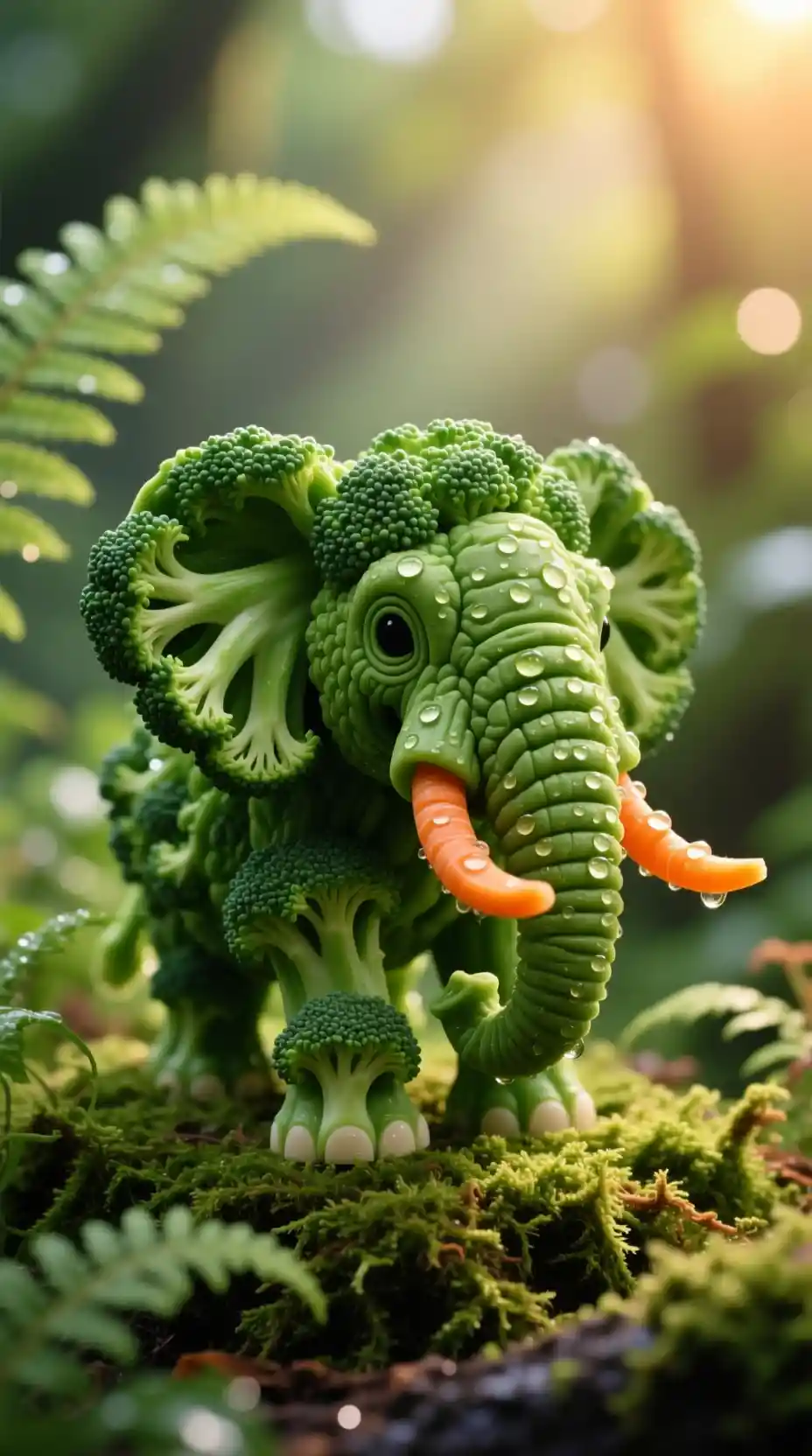 Macro broccoli elephant sculpture in mossy forest