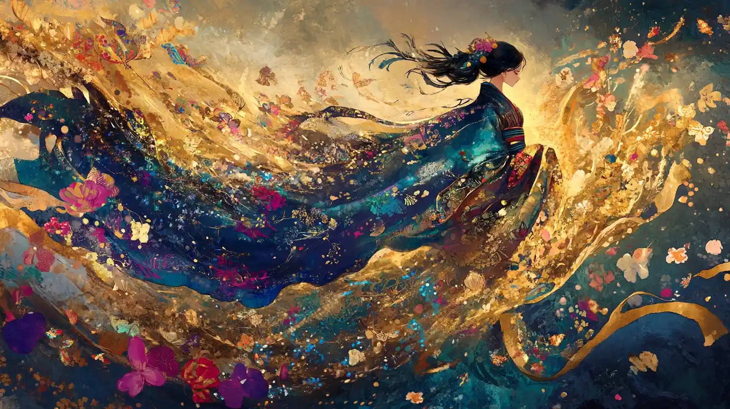 Ethereal woman in vibrant patterned garments with floral motifs