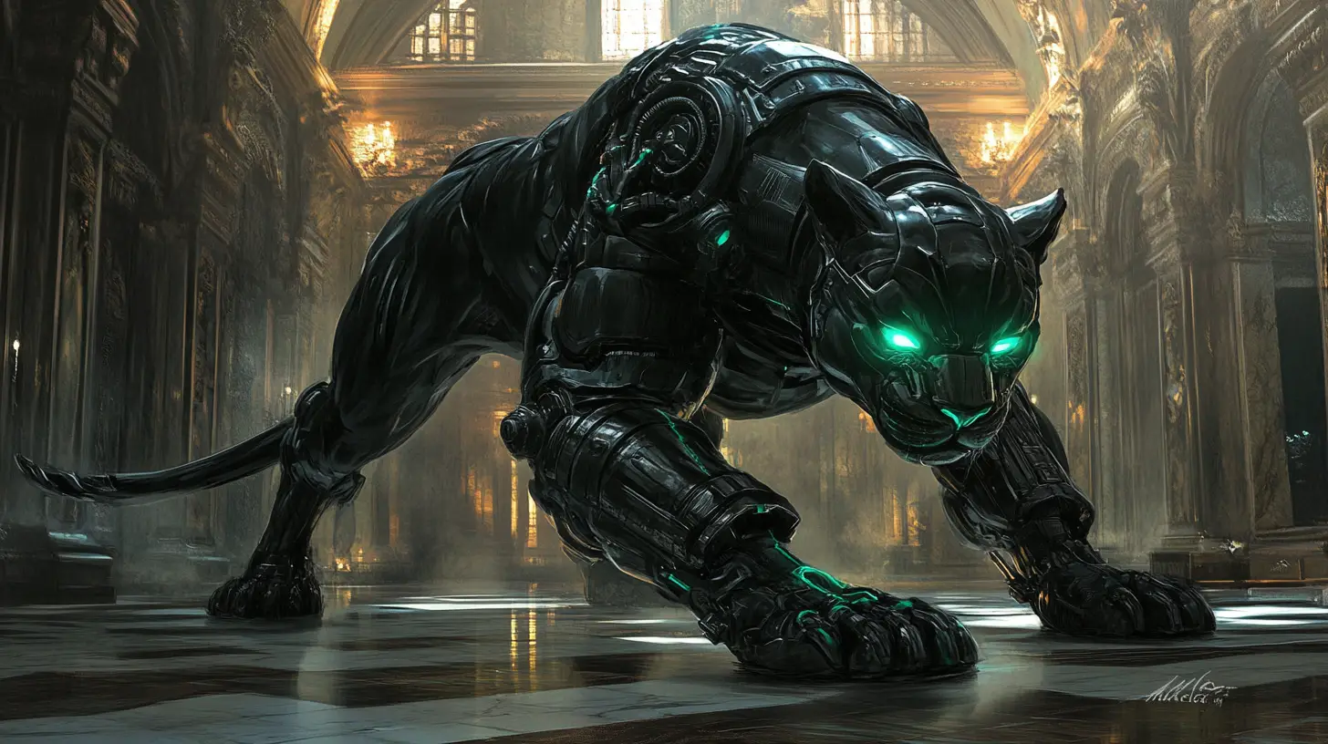 Mechanical black panther prowling across marble hall
