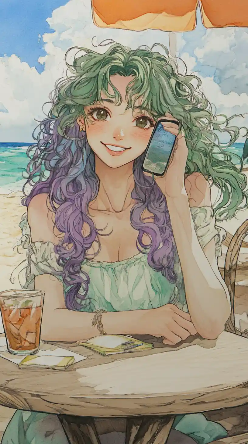 Anime cell phone character at a cozy beach cafe