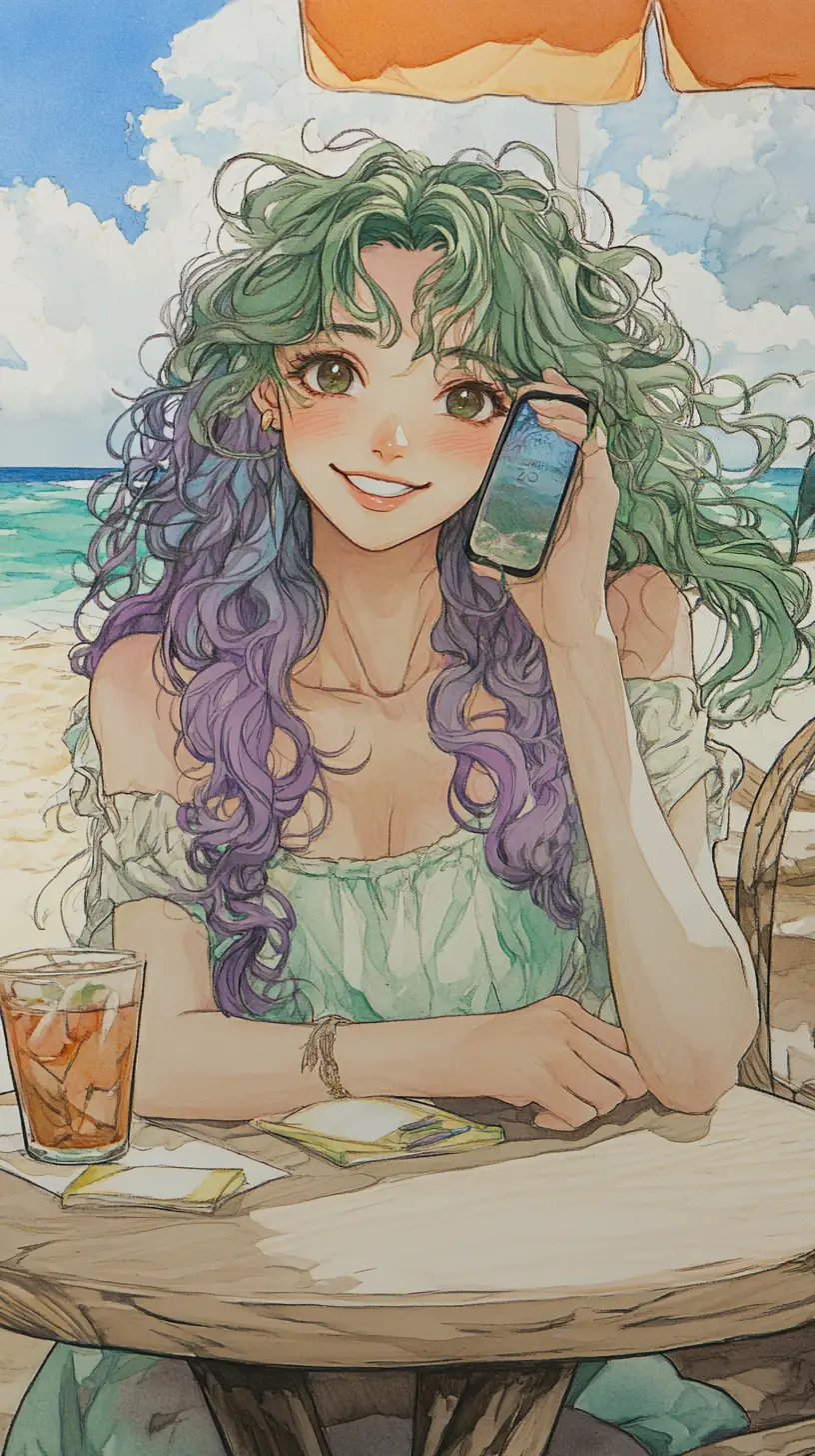 Personagem de celular em estilo anime em um café de praia aconchegante
