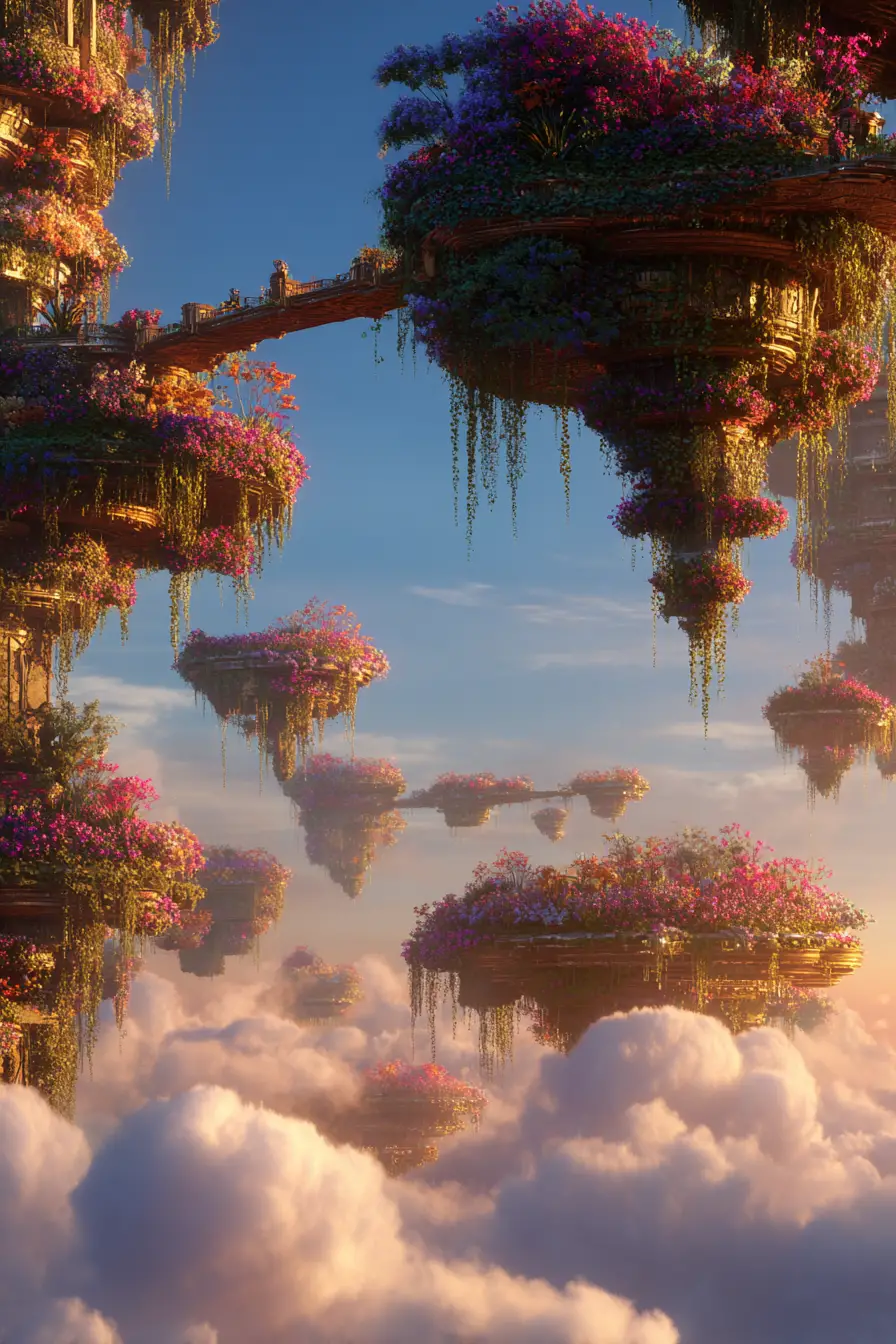 Floating gardens drifting into warm golden sunlight