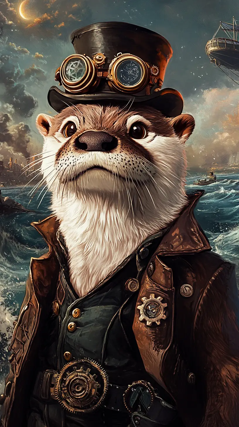 Steampunk otter in a moonlit stormy sea scene