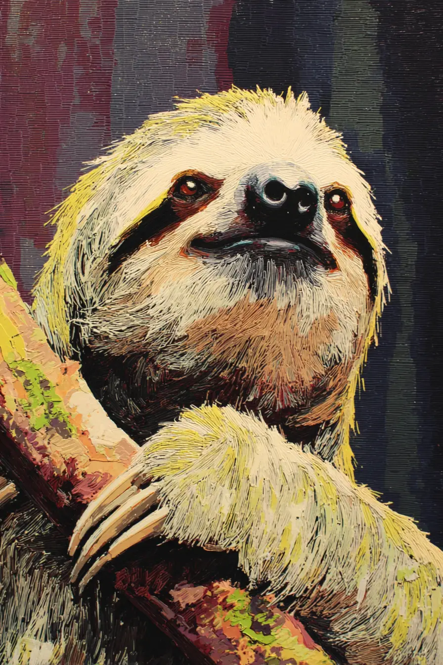 Cheerful sloth with mossy fur resting on forest branch