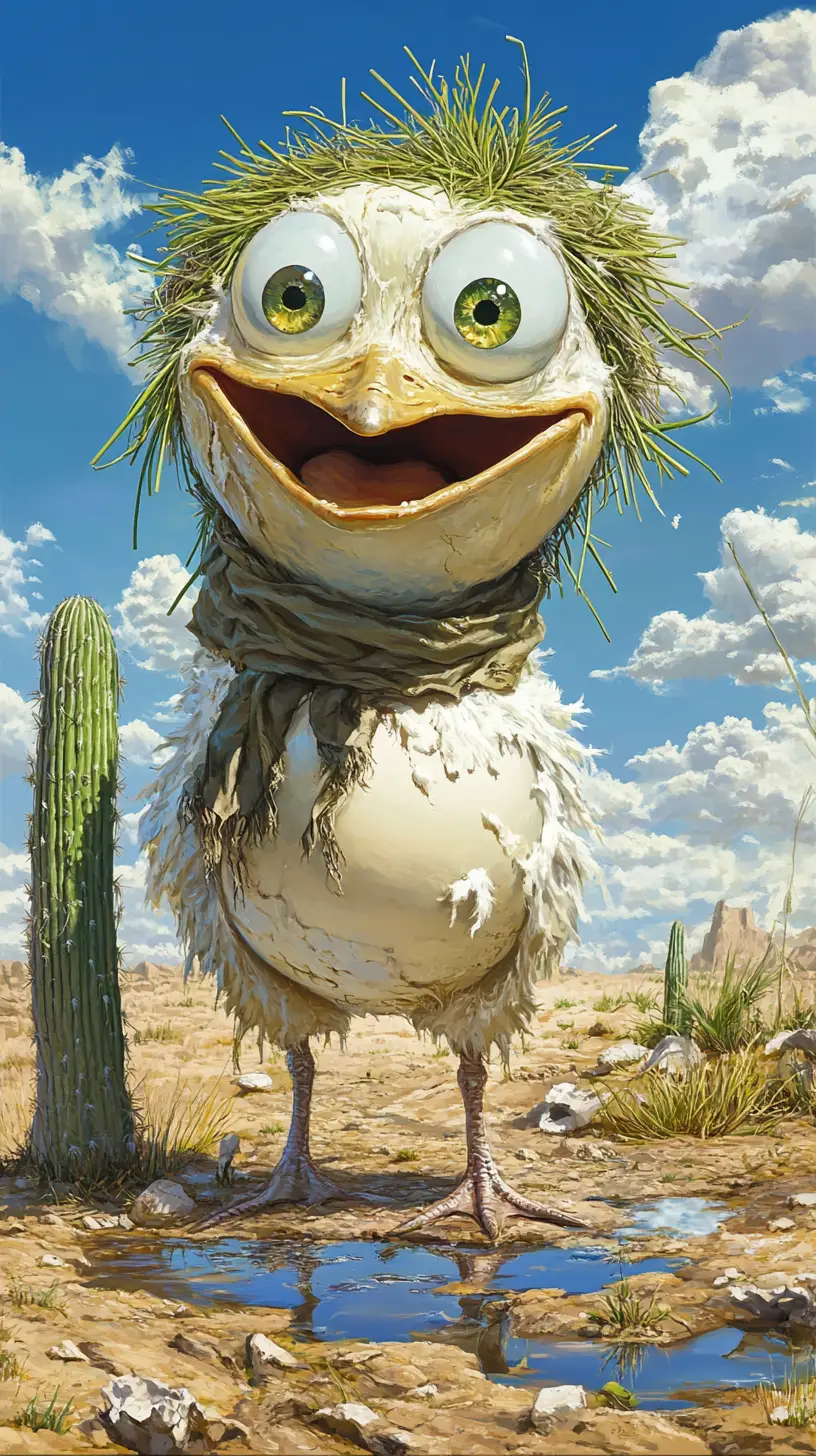 Smiling ostrich egg character with chive hair in desert