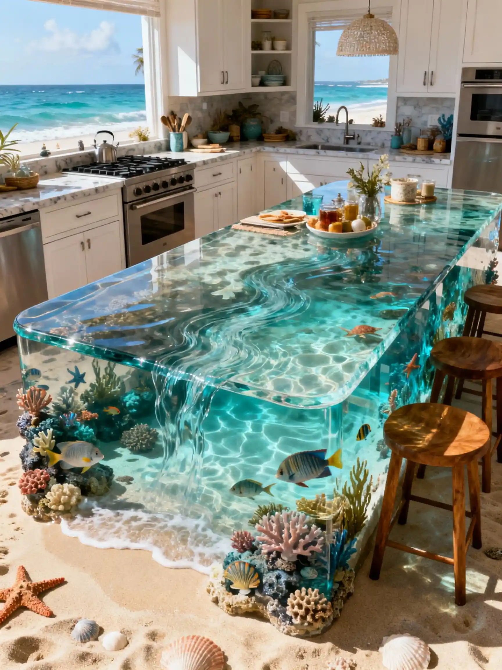 Von einer Fantasy-Strandwelt inspirierte Küche mit Epoxidharz-Kochinsel