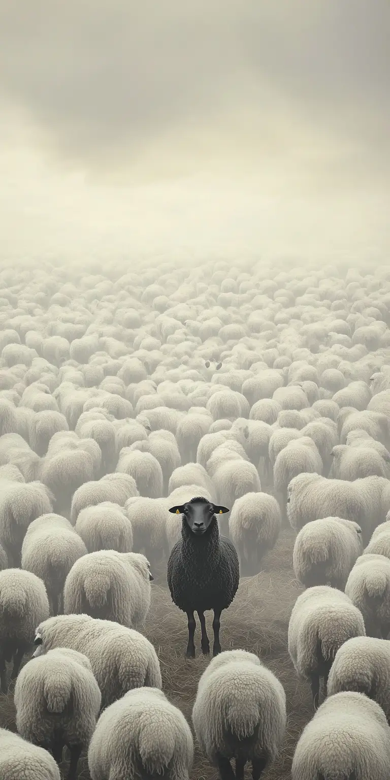 Lone black sheep in a vast white meadow