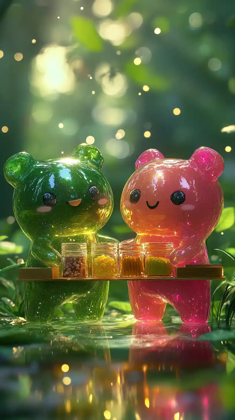 Cute glass gummy bears holding hands on dewy grass