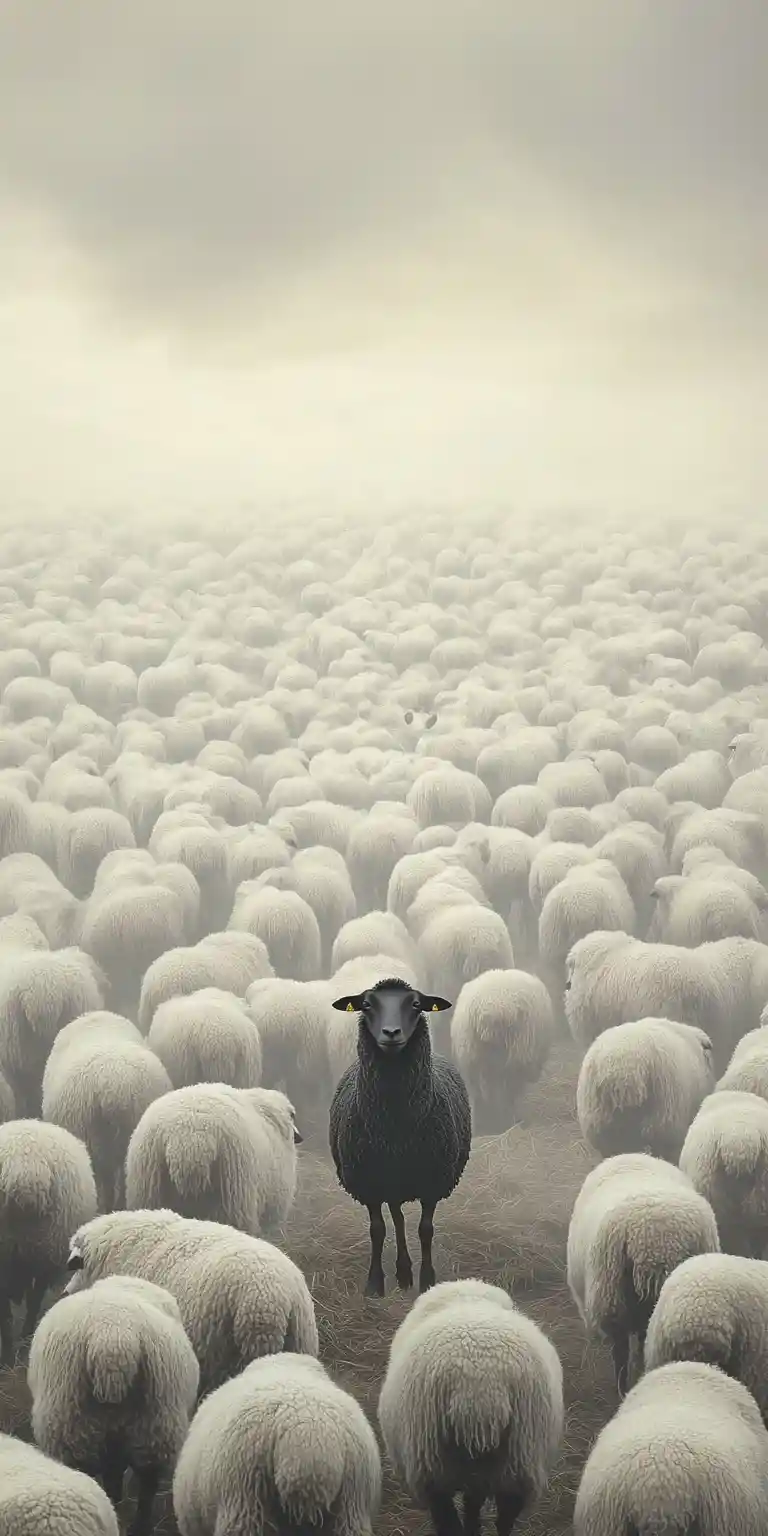 Lone black sheep in a vast white meadow
