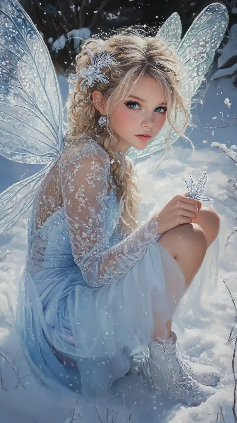 Winter fairy girl crouching in snow with wand