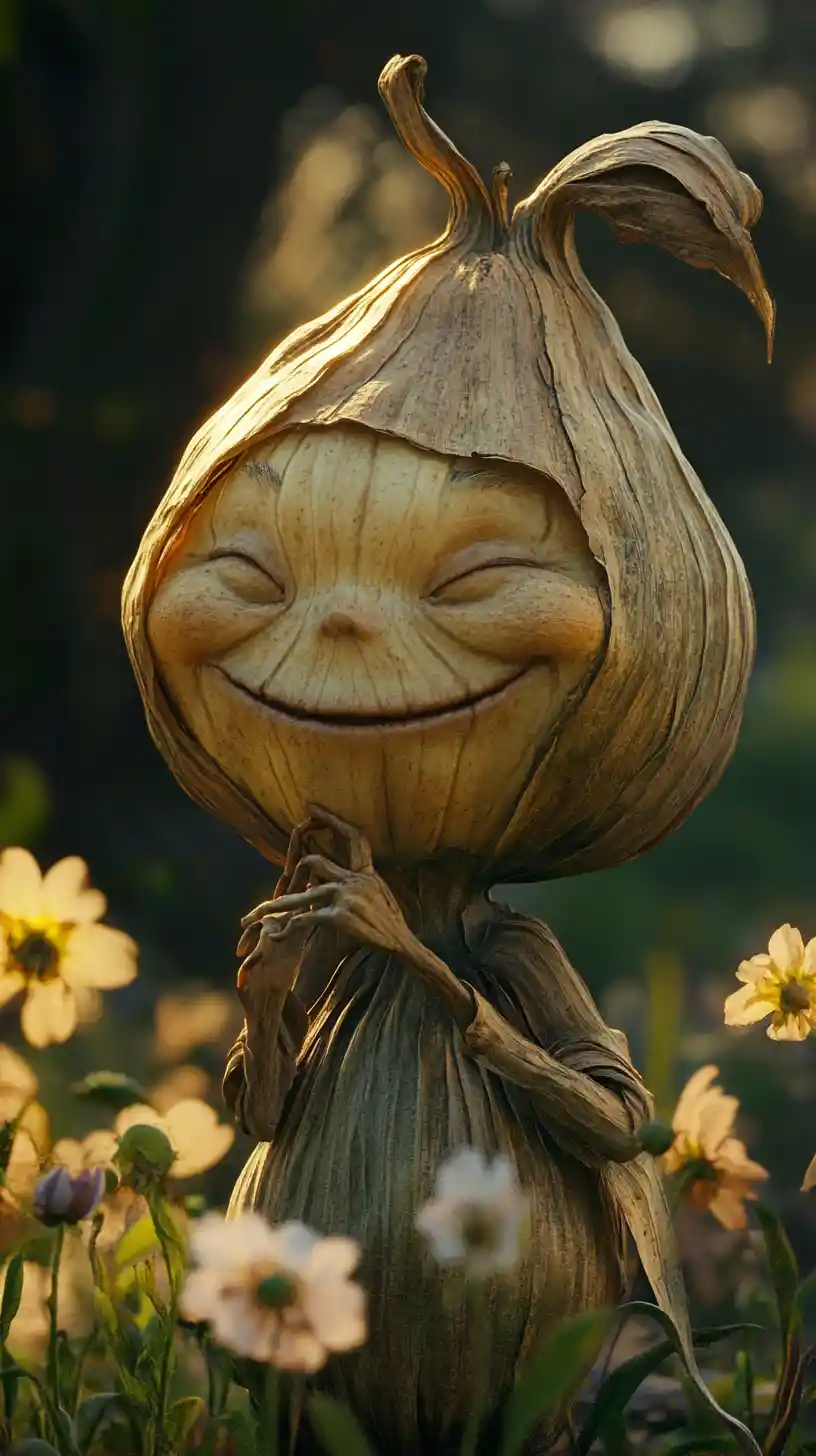 Close up of a cheerful onion man in a forest