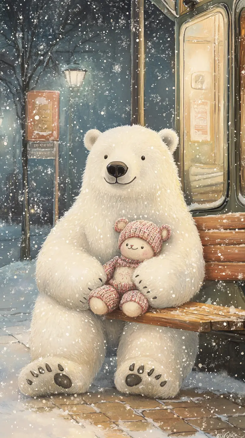 Cheerful Polar Bear Waiting At A Snowy Tram Stop