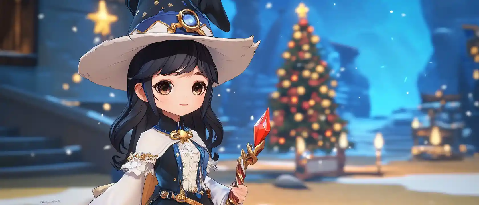 Golden haired witch girl on snowy christmas beach