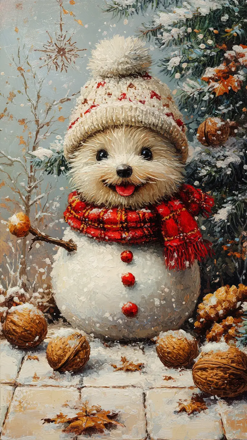 Smiling winter snowman with red eyes in the snow
