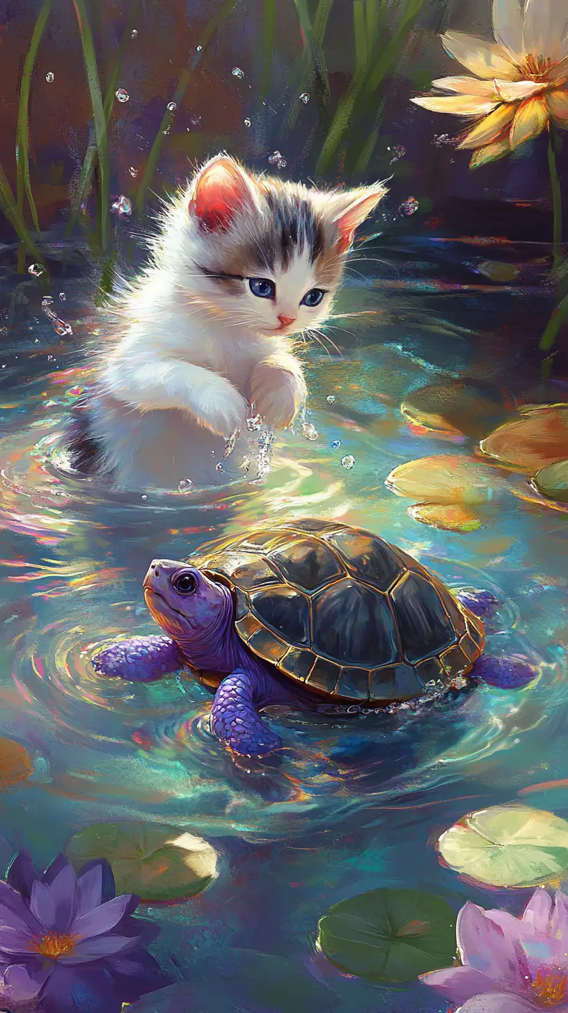 Chaton blanc prenant soin d’une minuscule tortue violette dans un étang
