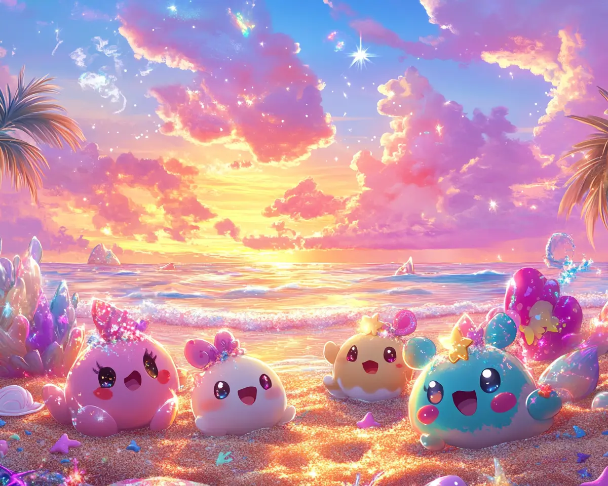 Cute anime sea turtles on a magical sunset beach