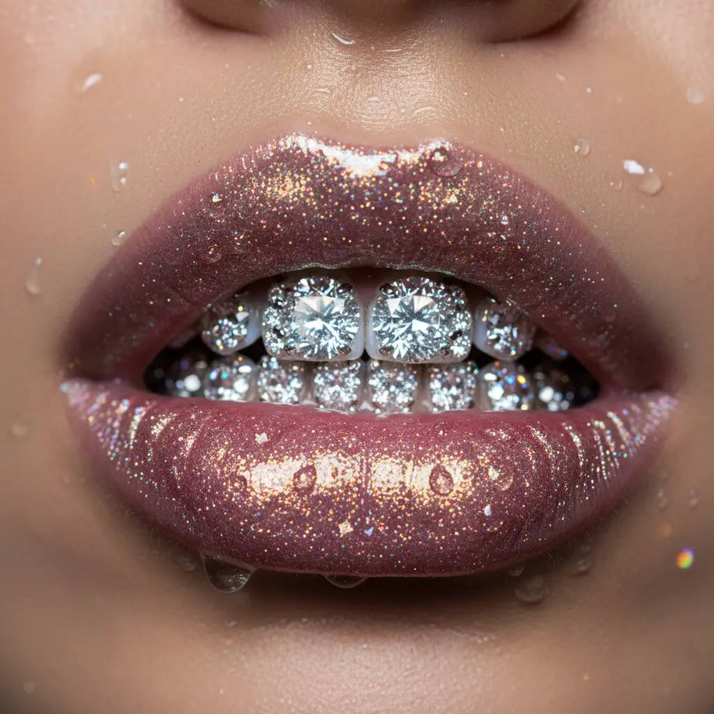Close-up of shimmering mauve lips with water droplets, revealing teeth adorned with sparkling diamonds.