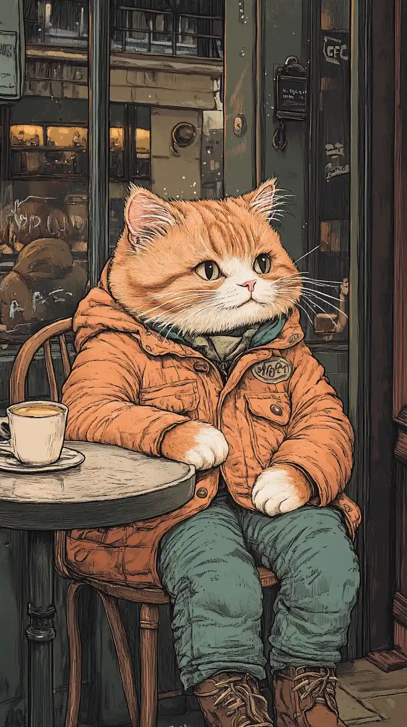 Cute neko cat resting by the cafe window at night