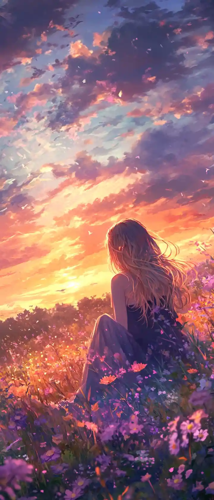 Anime couple resting together in a peaceful meadow
