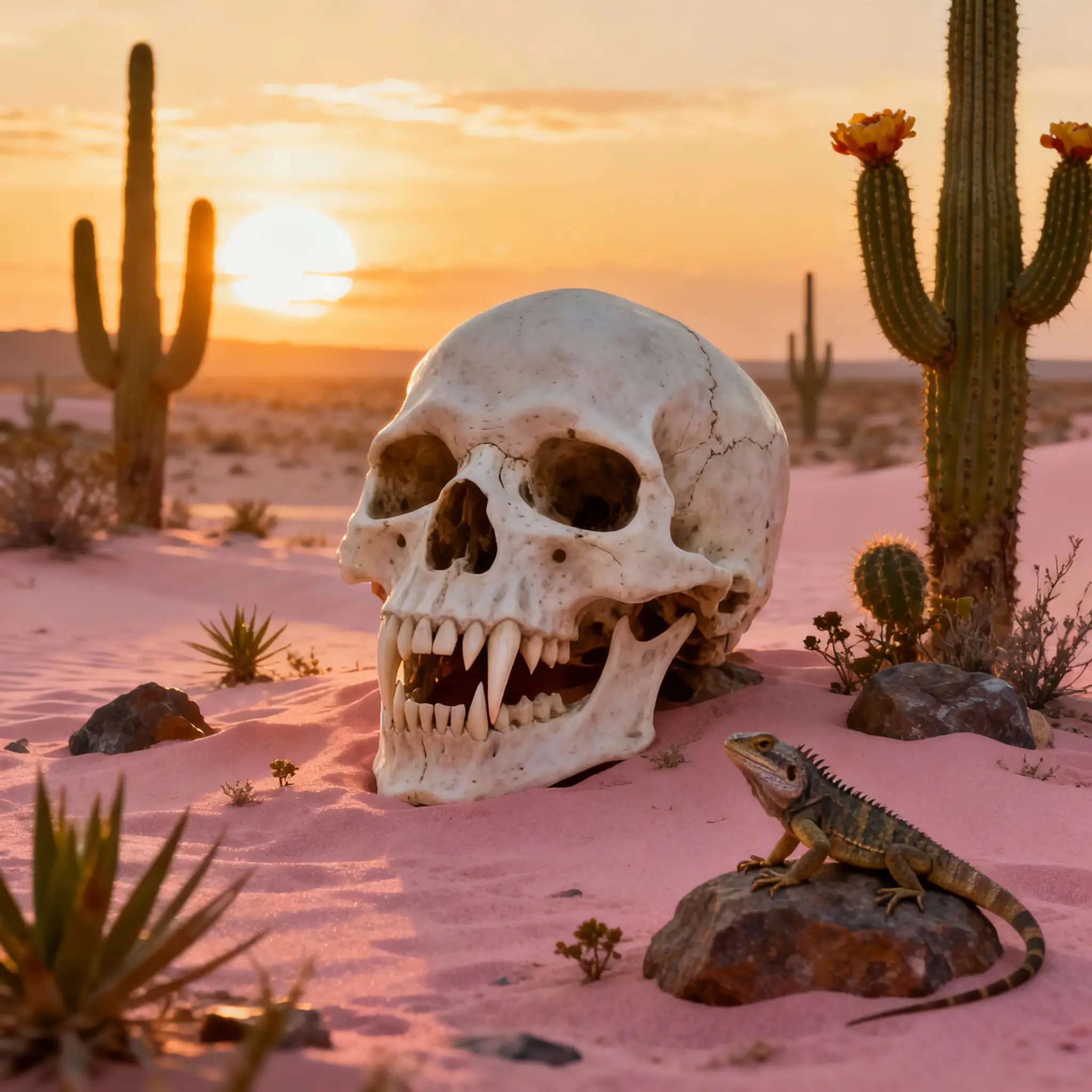 Vampire skull in pink desert at glowing sunset