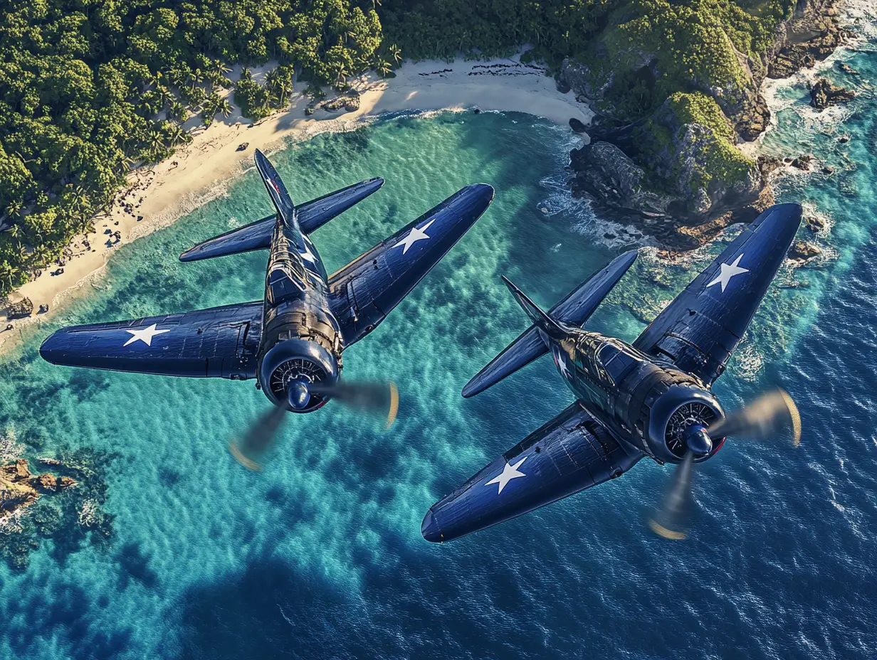 Two corsair fighter planes soaring above tropical coastline