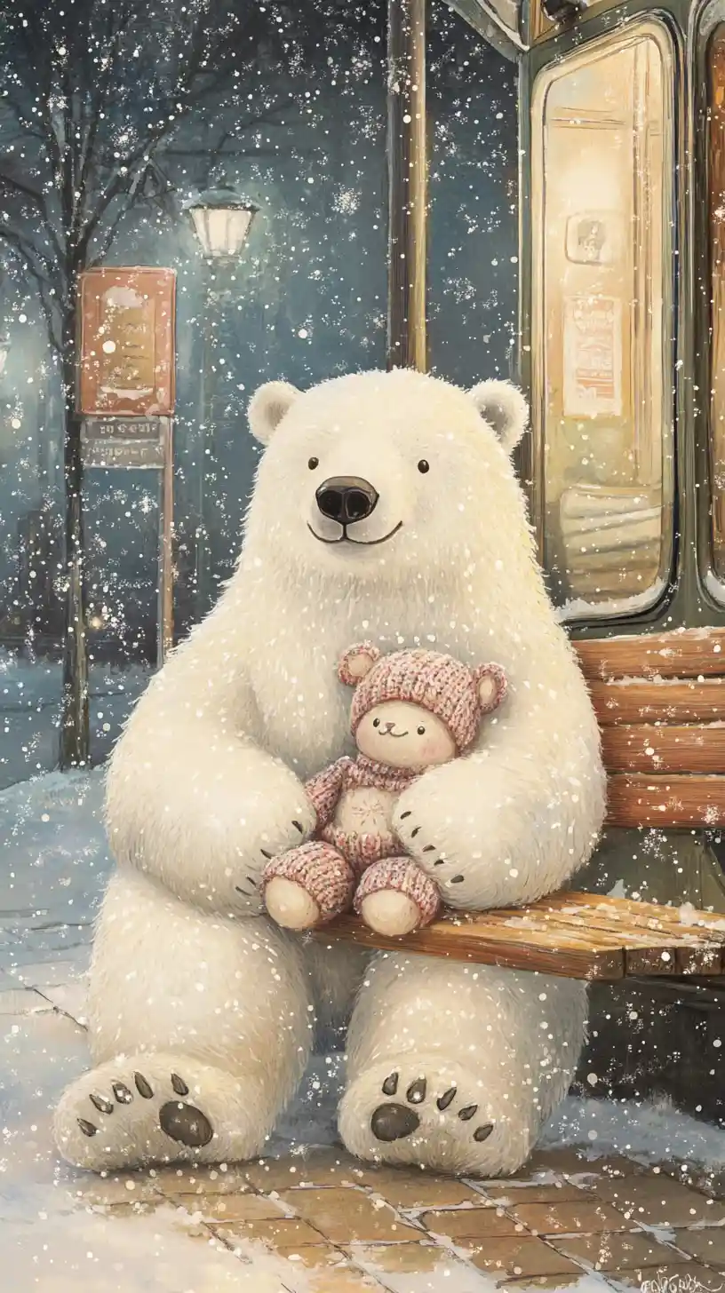 Cheerful Polar Bear Waiting At A Snowy Tram Stop