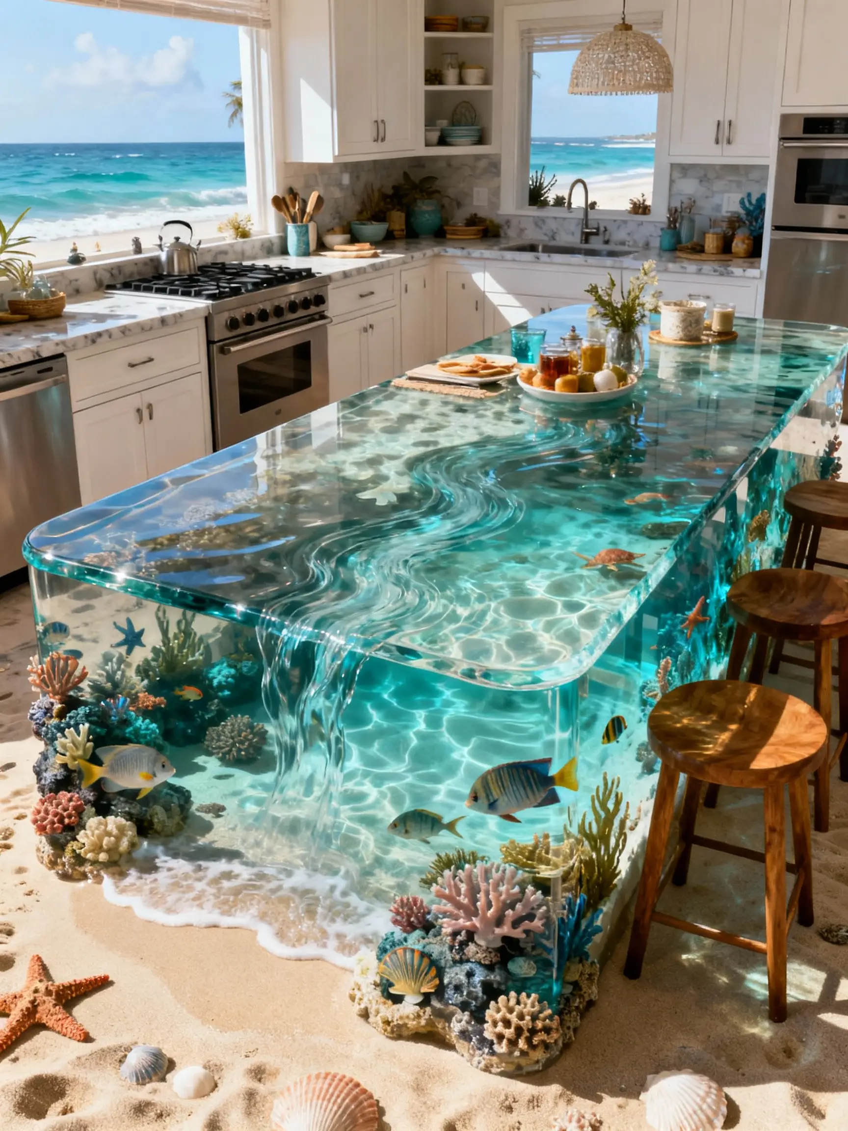 Cucina fantasia ispirata alla spiaggia con isola in resina epossidica