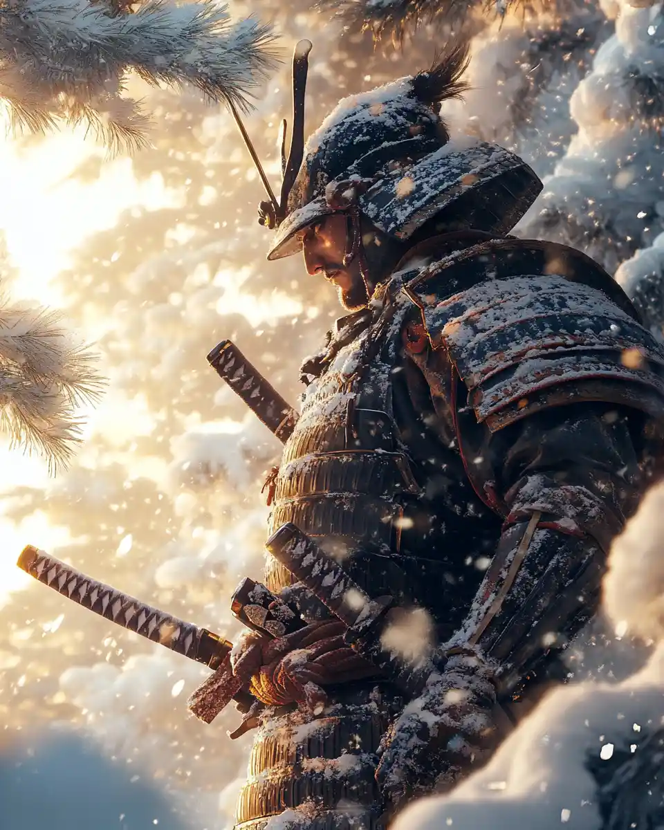 Lone samurai in armor standing in a snowy pine forest