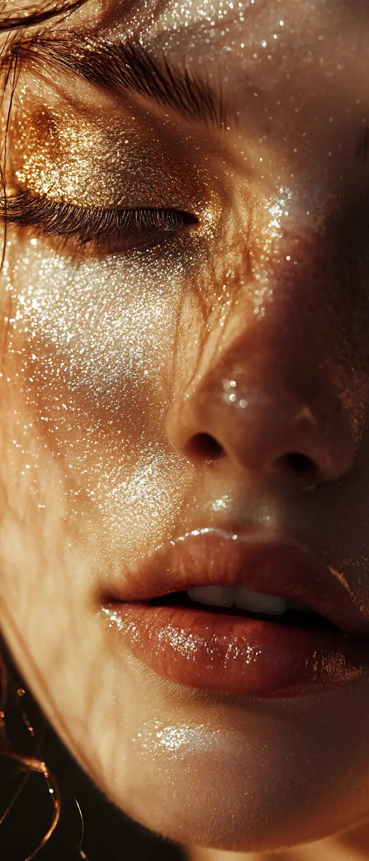 Macro beauty portrait with metallic eyeshadow and dewy skin
