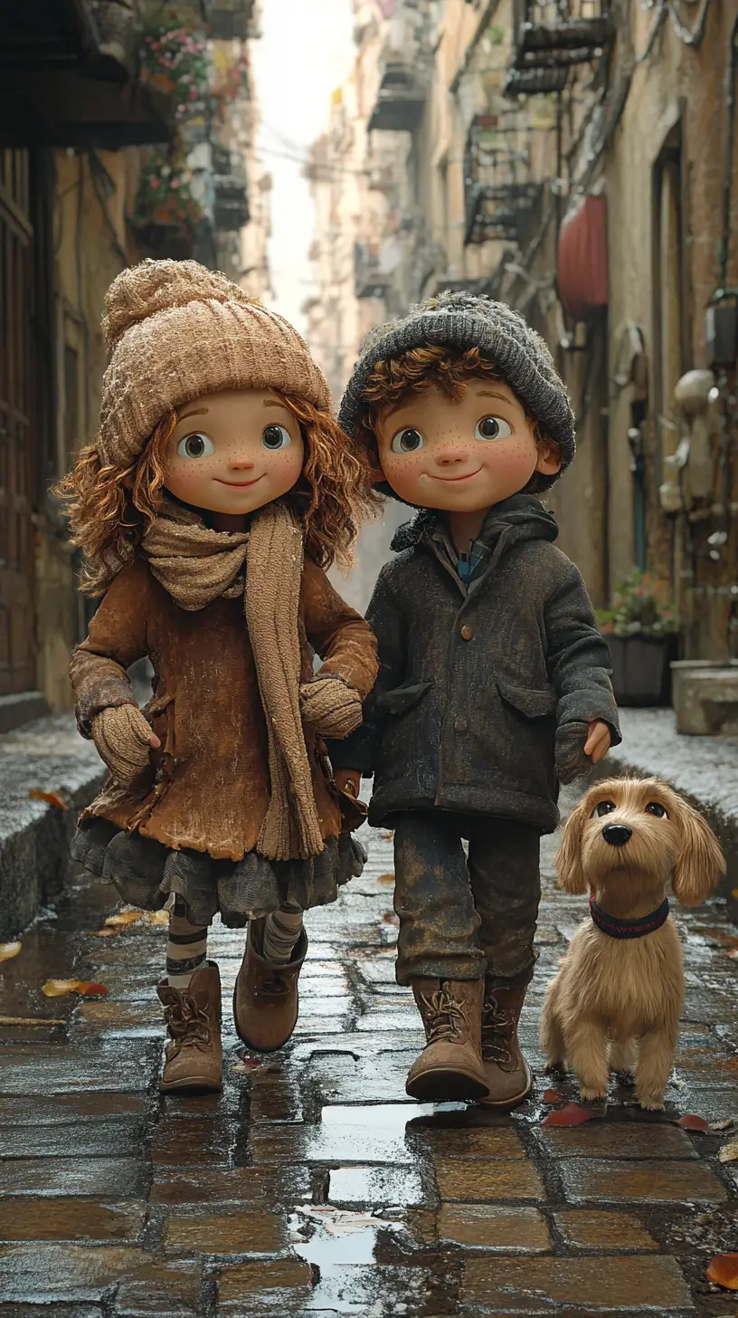 Children with a dog in a sunny european street illustration