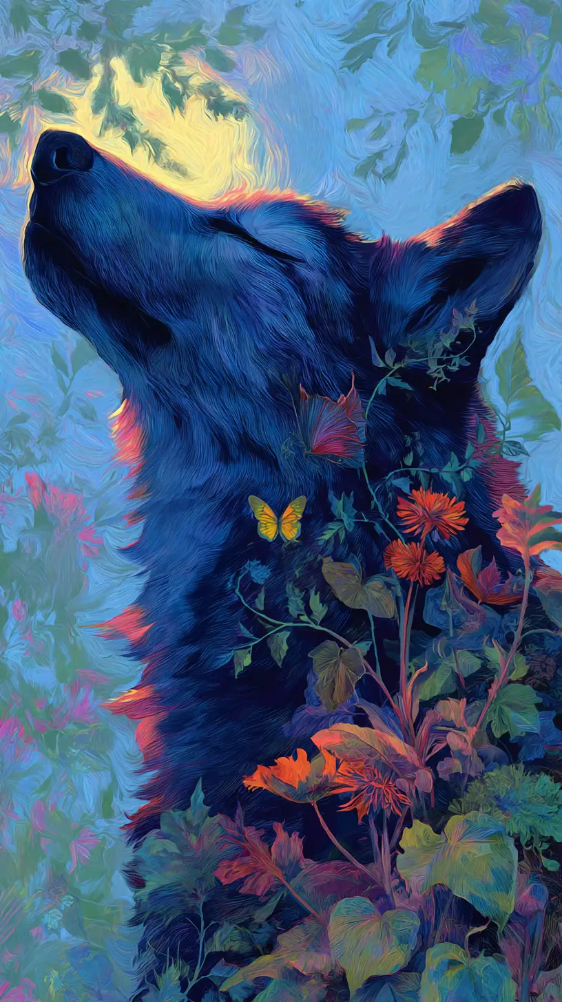 Wolf silhouette with dreamy moonlit forest inside