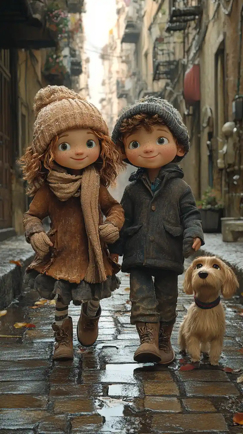 Children with a dog in a sunny european street illustration
