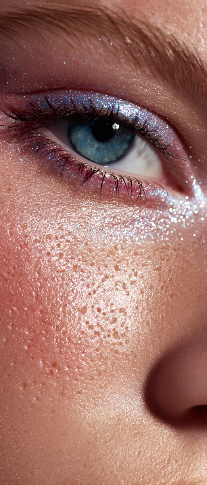 Editorial beauty macro of glossy metallic eye makeup