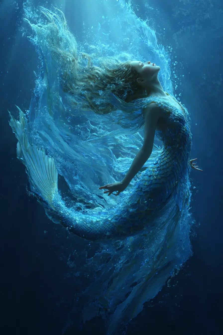 Mermaid Swimming Upward In Dreamy Blue Ocean Scene