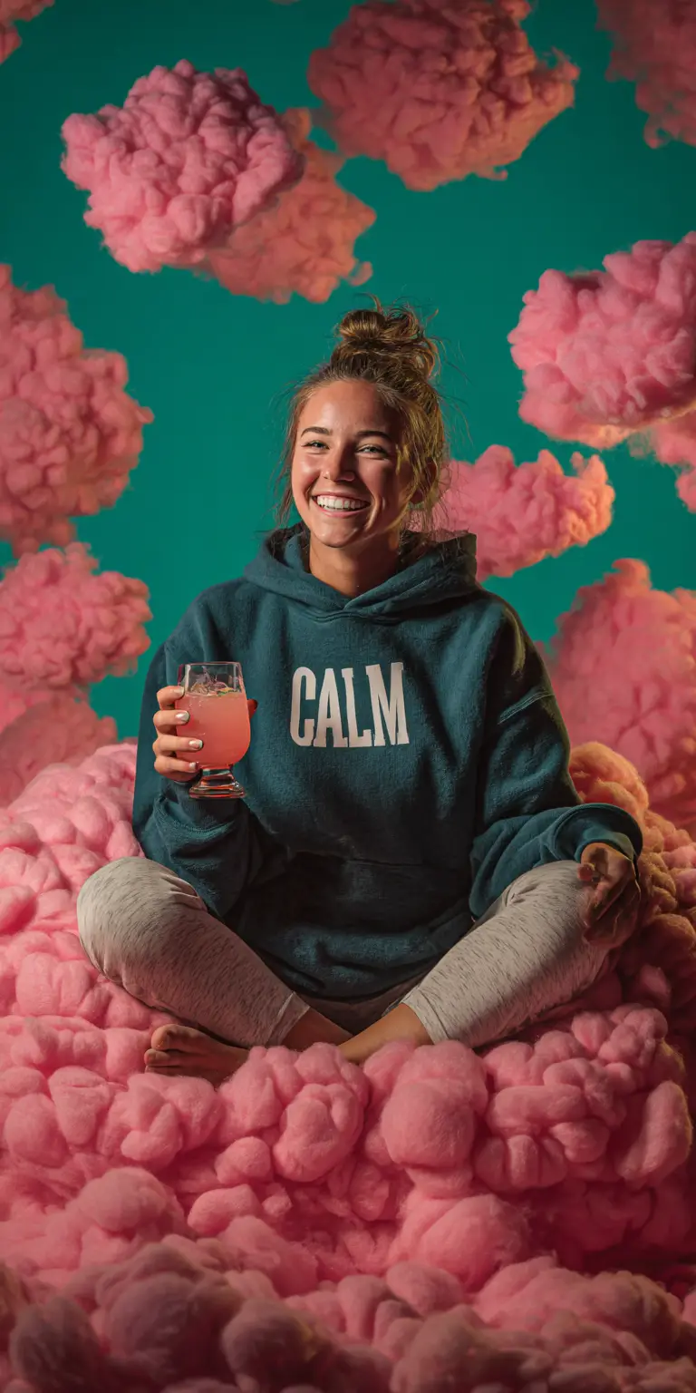 Young woman floating on pink clouds in studio