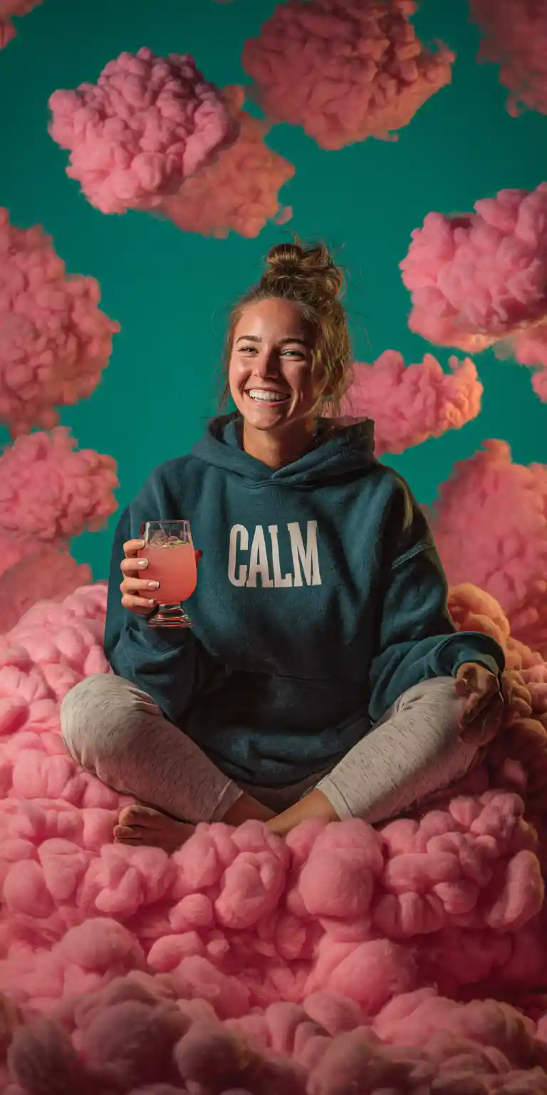Young woman floating on pink clouds in studio