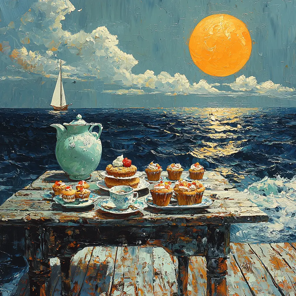 Surreal seaside still life with desserts and ocean view