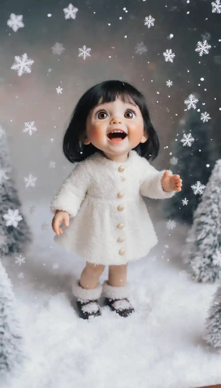 Joyful young girl in a dreamy falling snow scene