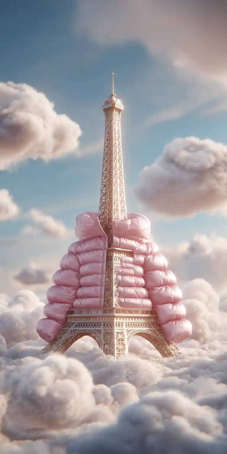 Surreal Eiffel Tower In Pink Puffer Jacket Under Soft Clouds