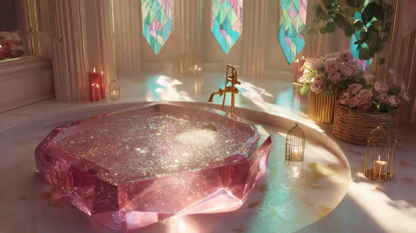 Cinematic cathedral bathroom with crystal heart bathtub