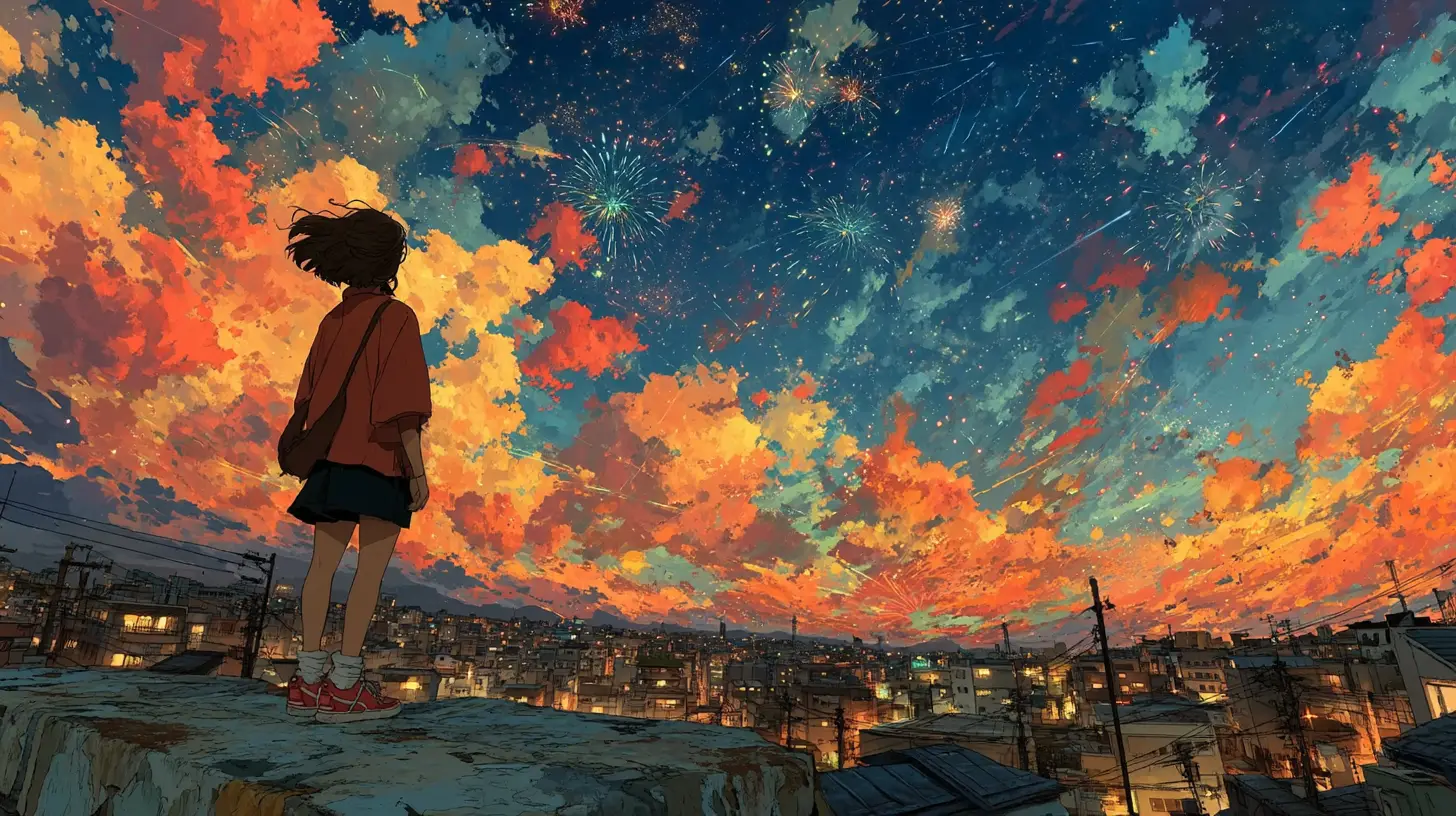 Anime girl watching fireworks from a city rooftop