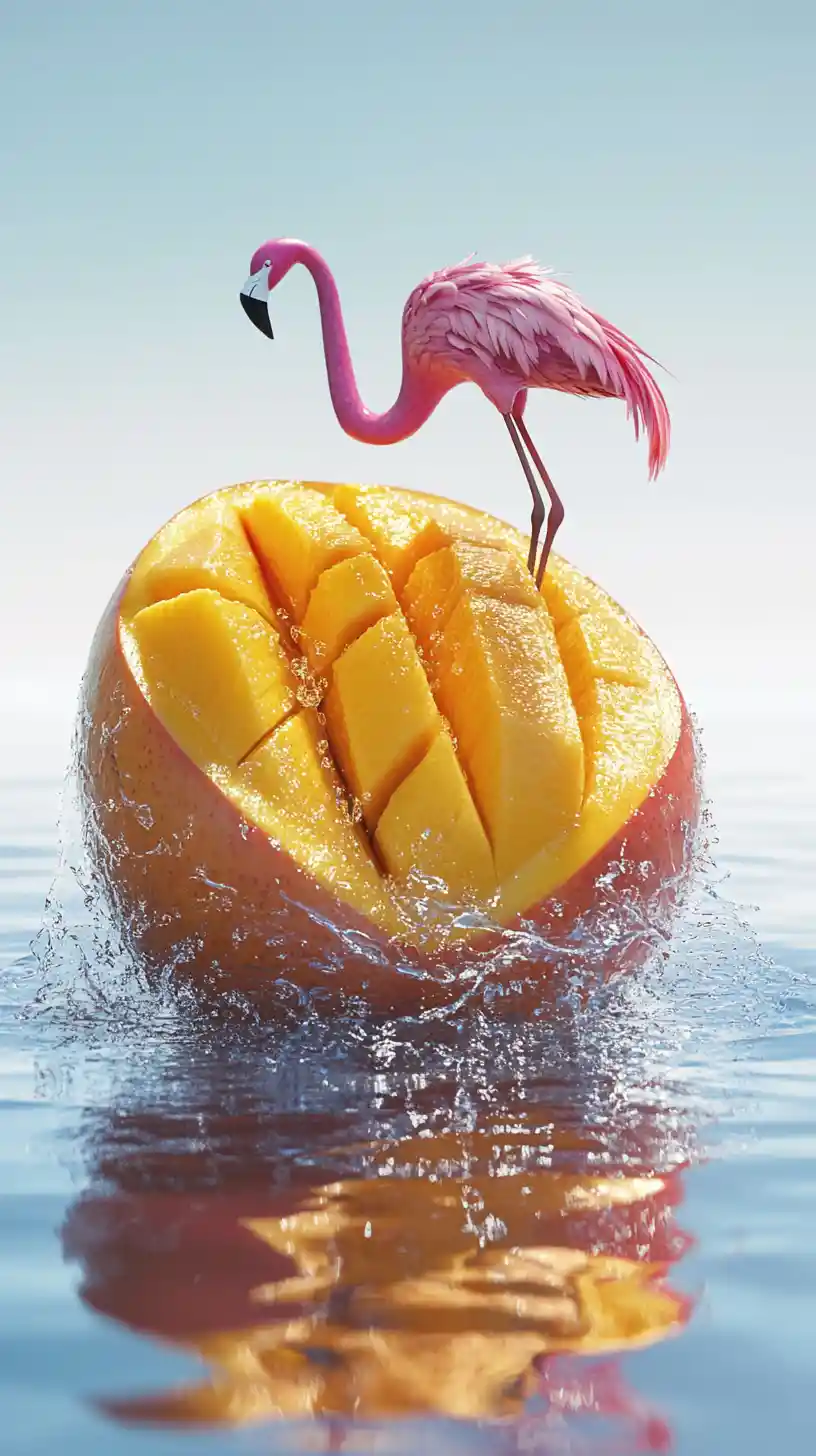 Hyperreal Mango Lagoon With Miniature Flamingo Inside