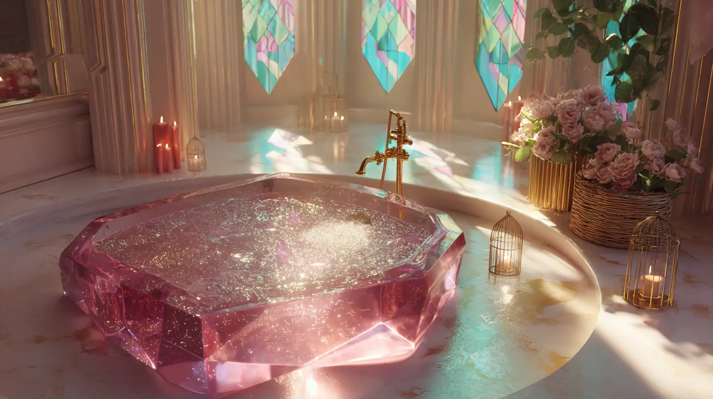 Cinematic cathedral bathroom with crystal heart bathtub
